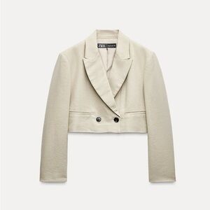 ZARA Linen Blend Cropped Blazer Sand Beige Size L Double Breasted